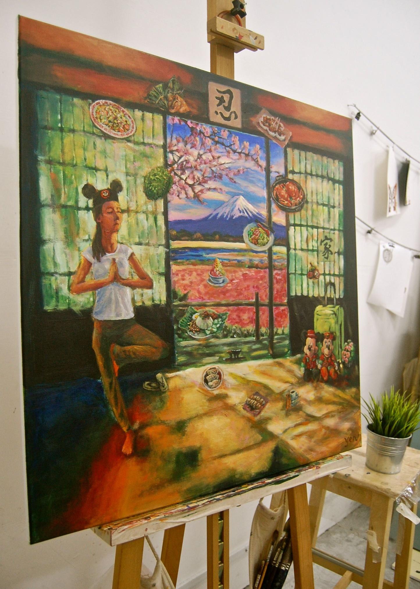 Whimsical Heritage Original Painting Art, of Singapore girl travelling in Japan Tokyo doing yoga and yearning for Singaporean peranakan food