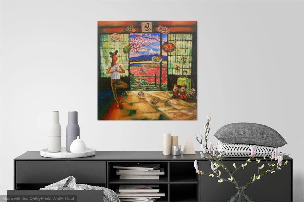 Whimsical Heritage Original Painting Art, of Singapore girl travelling in Japan Tokyo doing yoga and yearning for Singaporean peranakan food