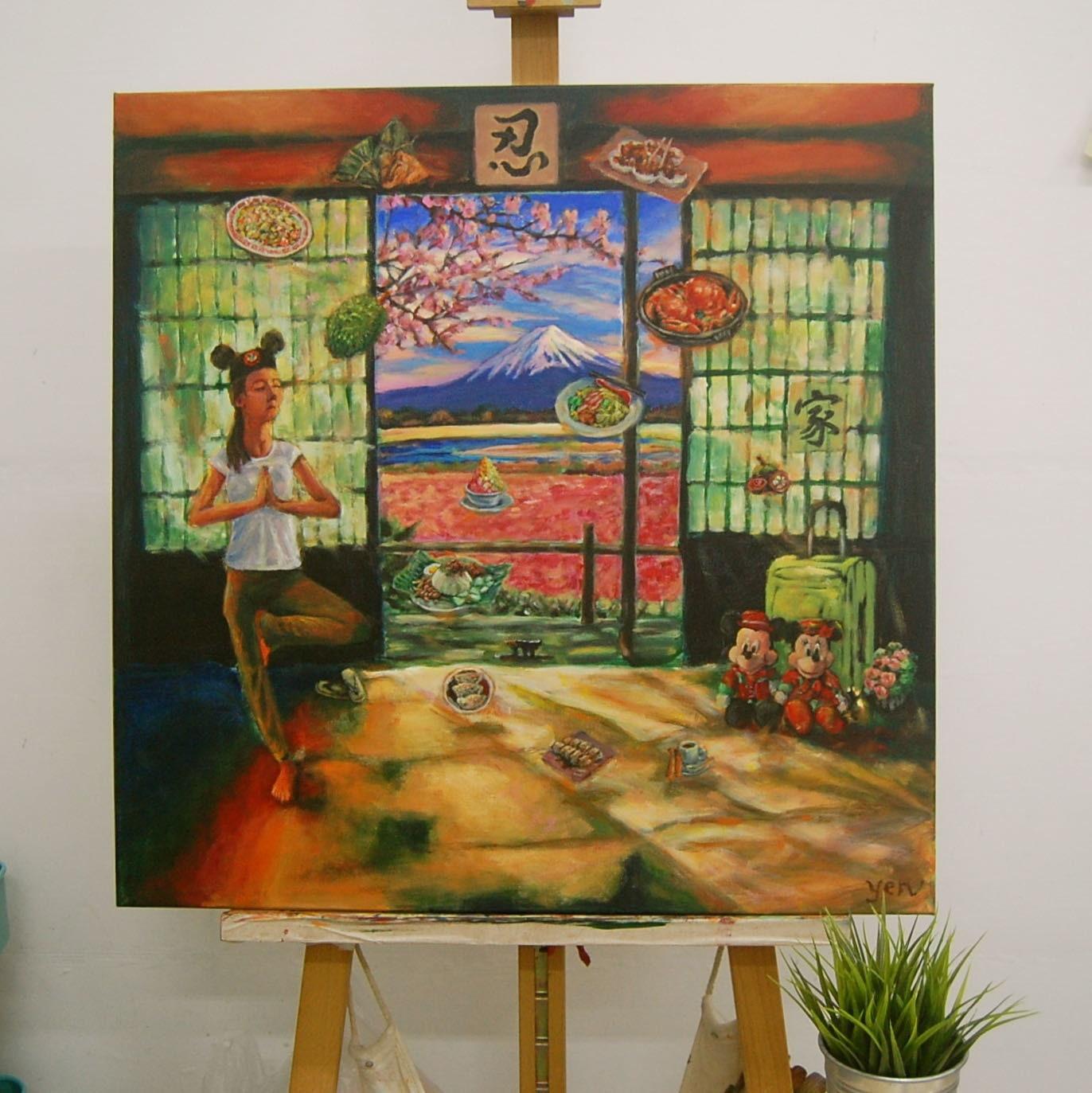 Whimsical Heritage Original Painting Art, of Singapore girl travelling in Japan Tokyo doing yoga and yearning for Singaporean peranakan food