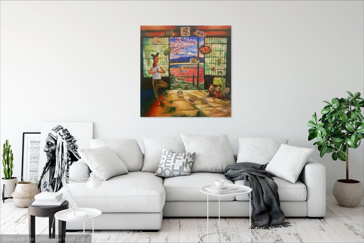 Whimsical Heritage Original Painting Art, of Singapore girl travelling in Japan Tokyo doing yoga and yearning for Singaporean peranakan food