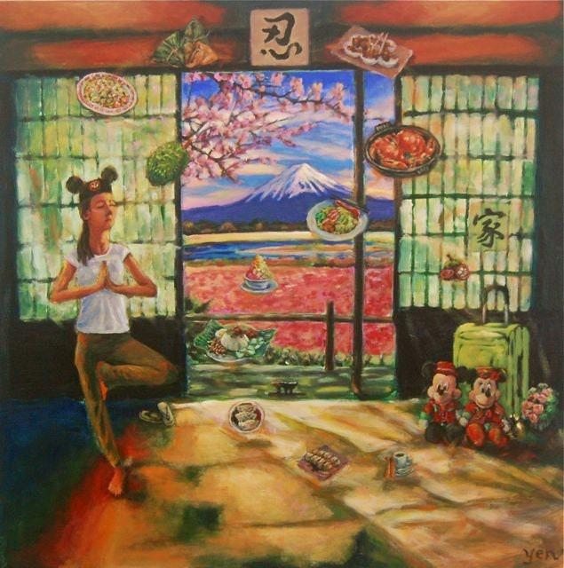 Whimsical Heritage Original Painting Art, of Singapore girl travelling in Japan Tokyo doing yoga and yearning for Singaporean peranakan food