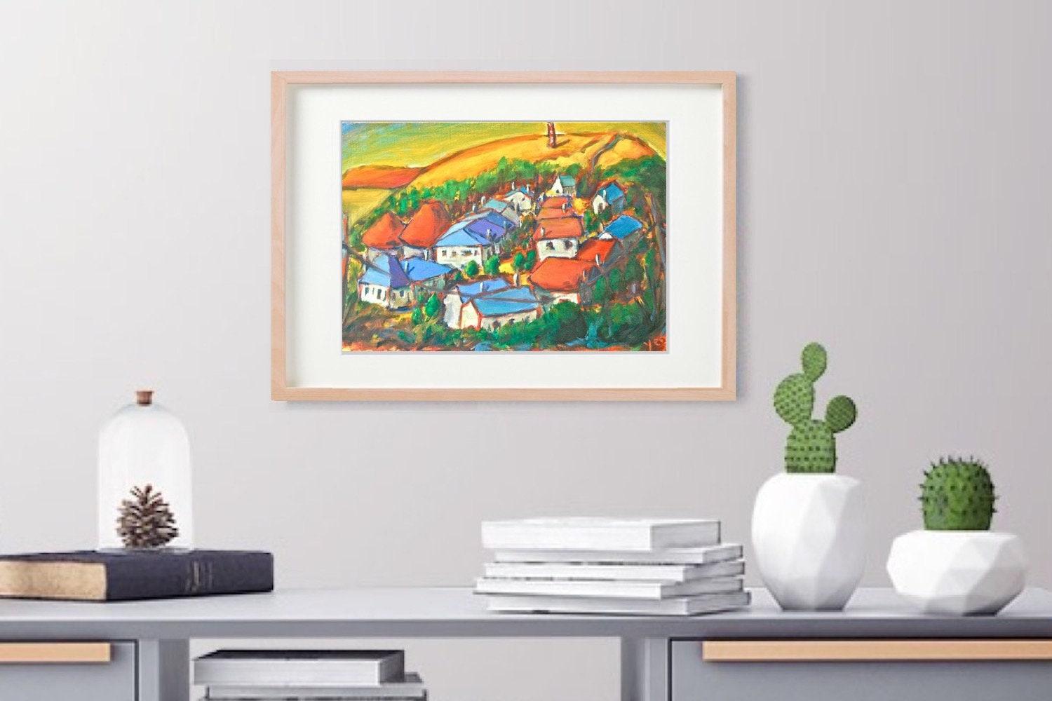El Camino Art Prints A4 - O Cebreiro Spain Village Landscape Paintings with whimsical houses in Galicia on Way of St James for hiker pilgrims