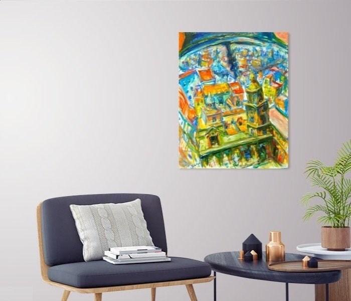 Bell City - Spain Cadiz Oil Painting, bright original impressionist semi-abstract art of surreal Spanish architectural landscape scenery