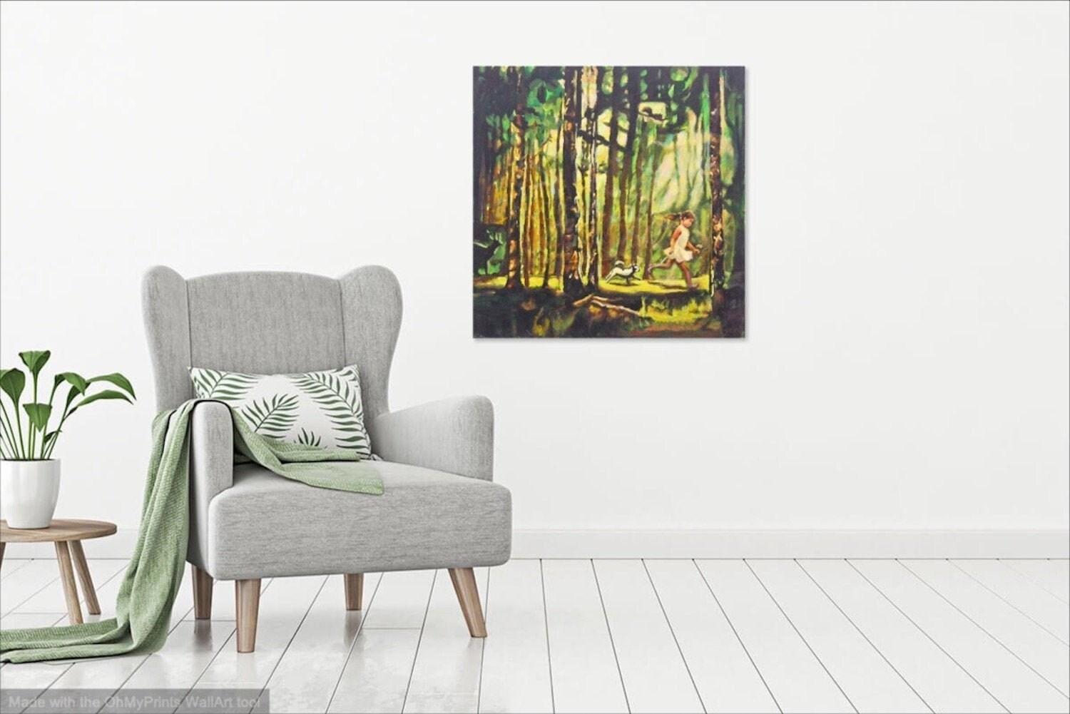 Magic Forest Trees Landscape Original Art Canvas Painting with running little Girl and Dog on a sunlight path of whimsical woods and animals