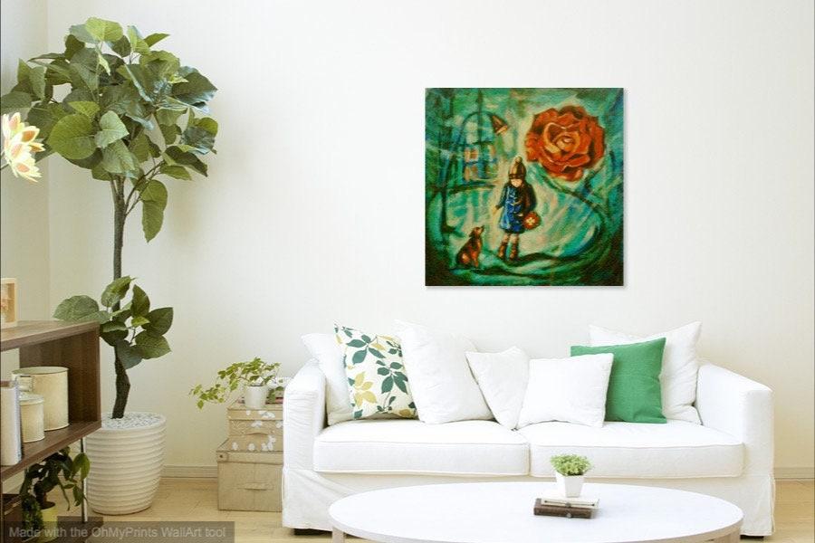 Girl and Dog - Impressionist Original Painting - Whimsical City Scene - Vintage Rose Symbol - Little Girl - Dreamlike Art - Artistic Delight