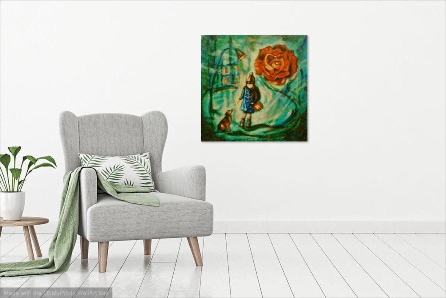 Girl and Dog - Impressionist Original Painting - Whimsical City Scene - Vintage Rose Symbol - Little Girl - Dreamlike Art - Artistic Delight