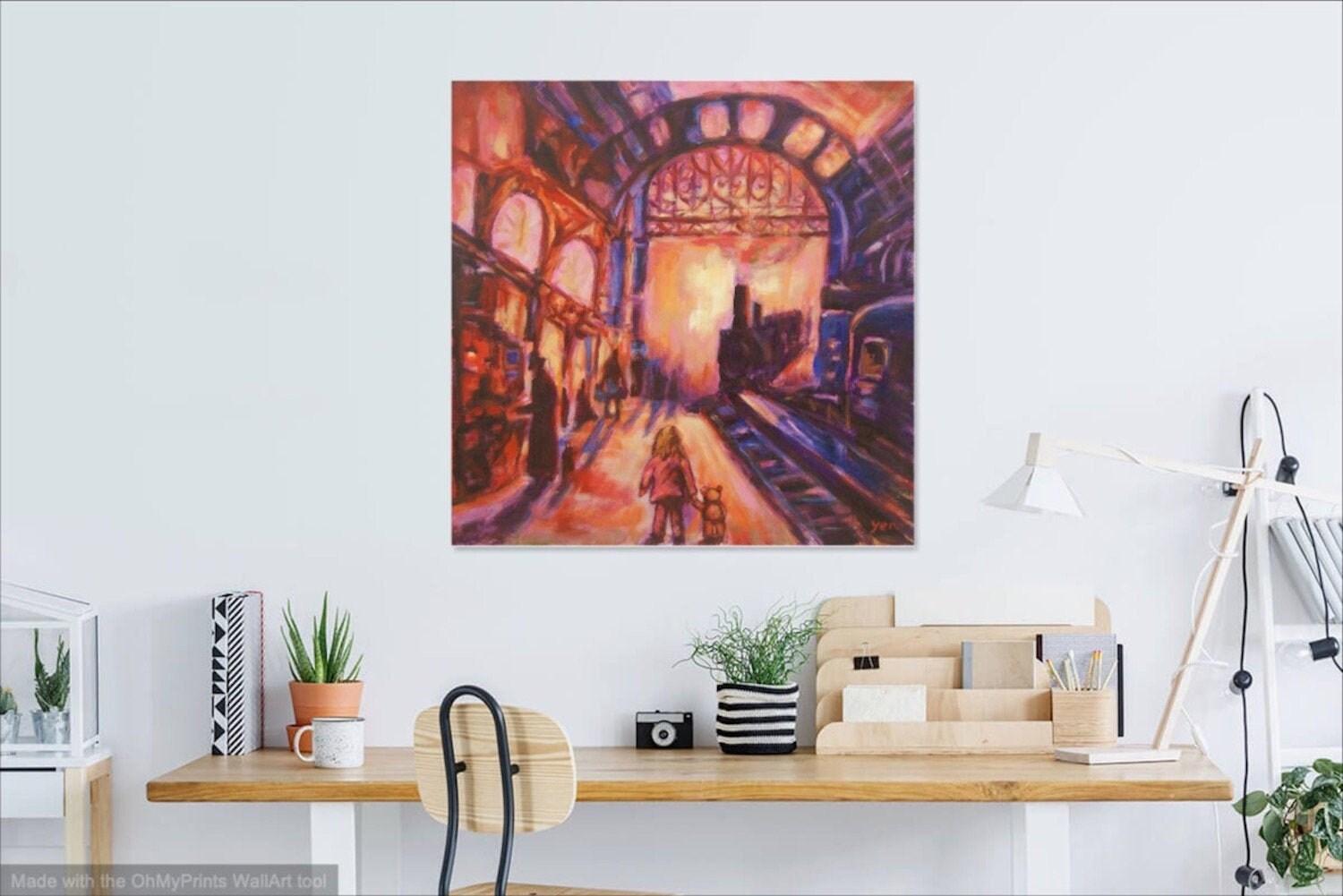 Train Station Impressionist Painting Canvas Art with little Girl and Teddy Bear in Monet style bright orange, original whimsical acrylic art