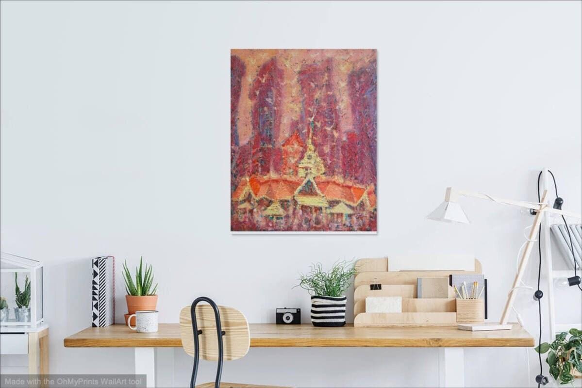 Lau Pa Sat, whimsical surreal city Singapore skyline oil painting art, with architectural icon Telok Ayer market in pink impressionist style