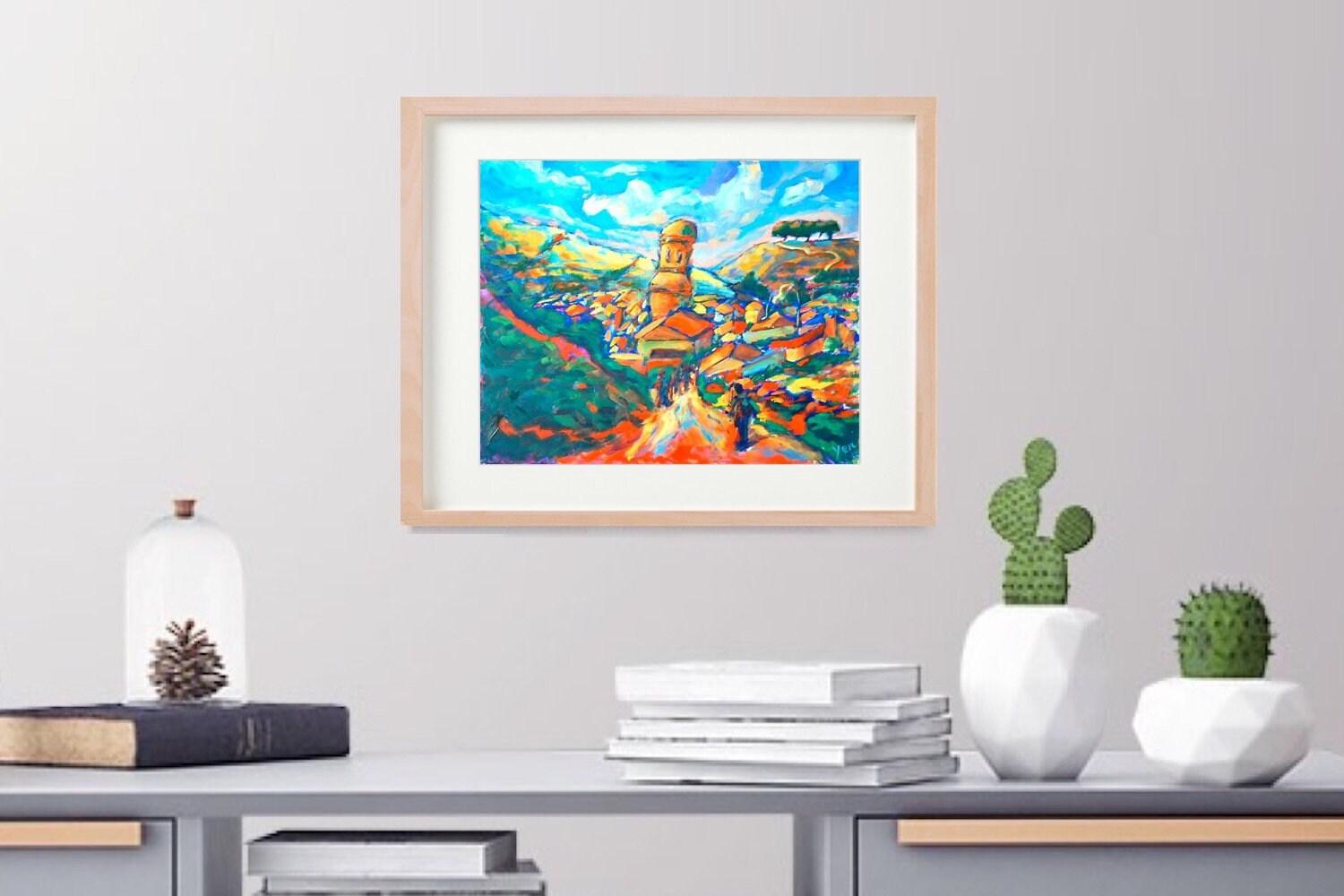 9 Camino de Santiago Art Prints - Picturesque Arrival, Spanish landscape whimsical impressionist paintings of Spain El Camino in Cezanne style