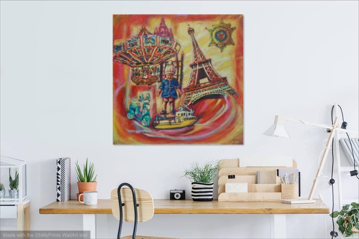 Boat in Paris Whimsical Eiffel Tower Painting - Colorful Surreal Art with Child and Vintage Toys - Playful Fantasy Art - Dreamlike Scene