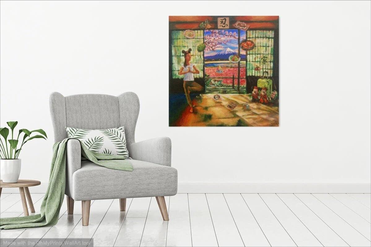 Whimsical Heritage Original Painting Art, of Singapore girl travelling in Japan Tokyo doing yoga and yearning for Singaporean peranakan food