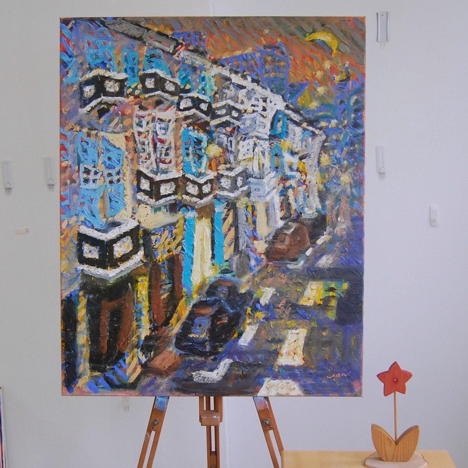 Chinatown Blues - Original Oil Canvas Painting of Singapore City - Impasto Van Gogh Style - Vibrant Heritage Street - Peranakan Shophouses