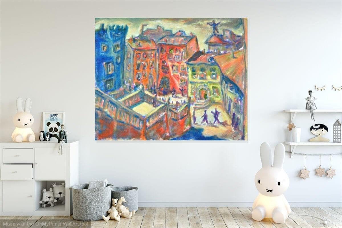 Latte Afternoon Impressionist Spanish Oil Painting - Whimsical Girona Cityscape Art - European Art for Home decor - Spain Travel Vibes Art