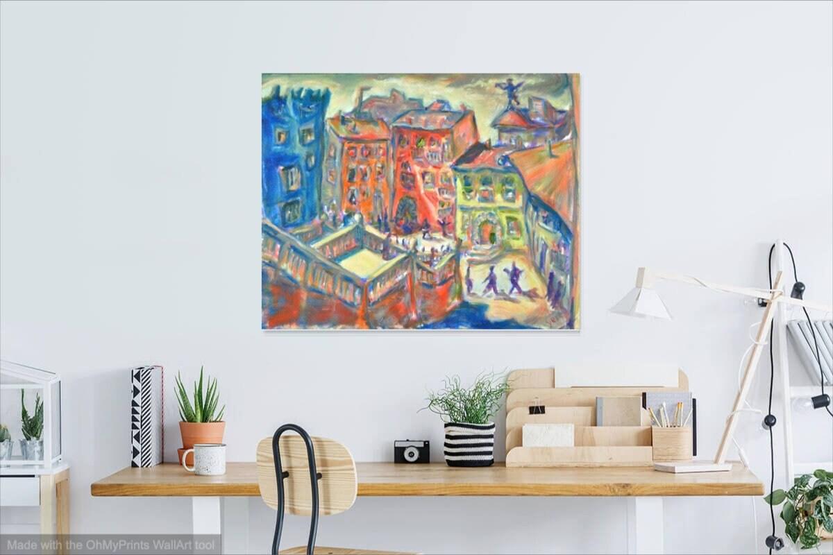On A Latte Afternoon - Impressionist Original Spanish Oil Painting Art of whimsical spain girona city, pastel european landscape wall decor