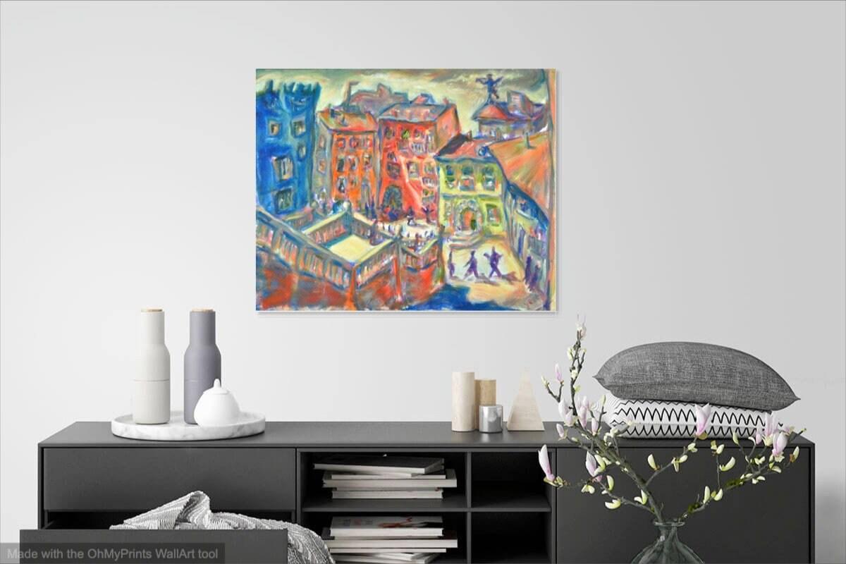 Latte Afternoon Impressionist Spanish Oil Painting - Whimsical Girona Cityscape Art - European Art for Home decor - Spain Travel Vibes Art