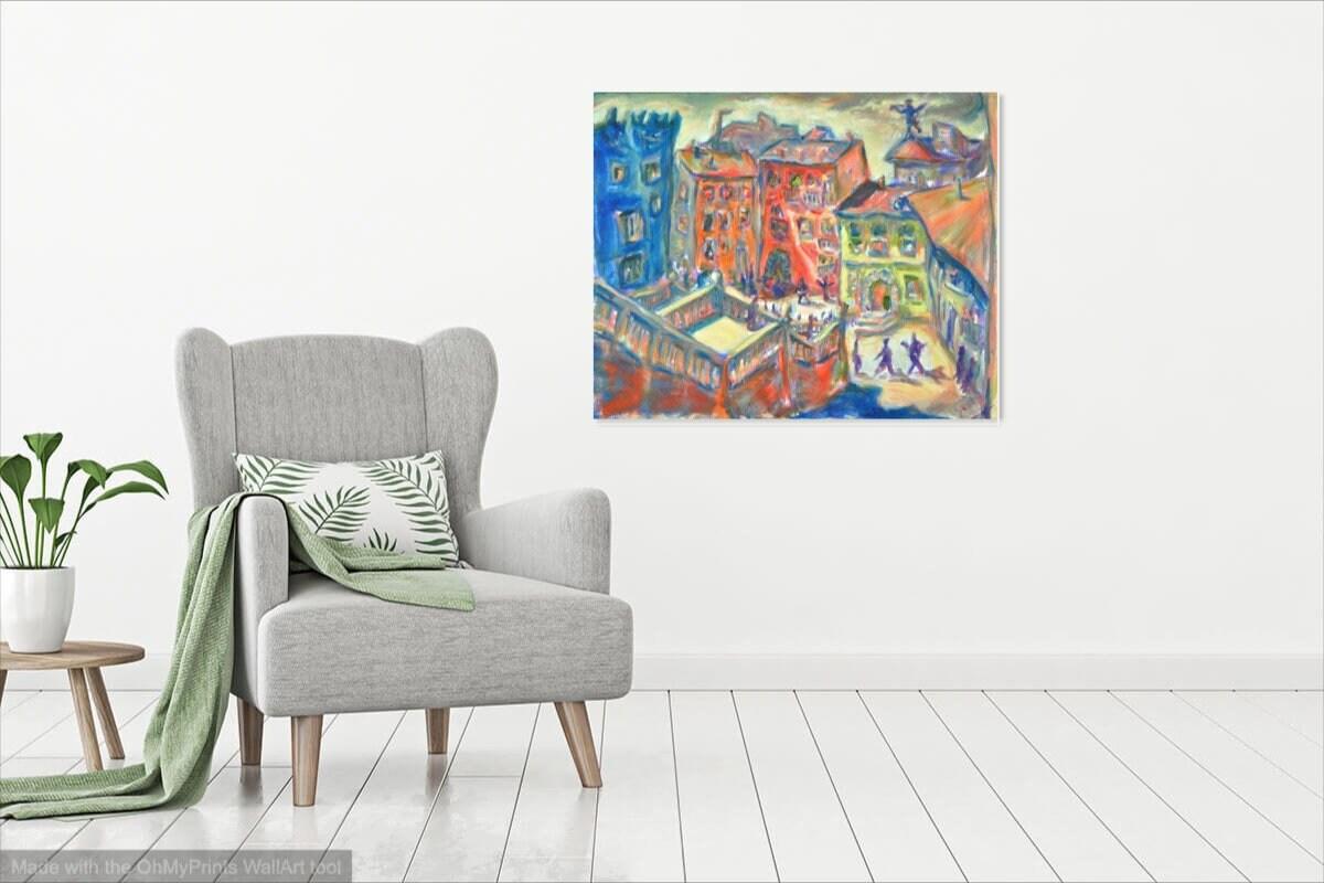 Latte Afternoon Impressionist Spanish Oil Painting - Whimsical Girona Cityscape Art - European Art for Home decor - Spain Travel Vibes Art