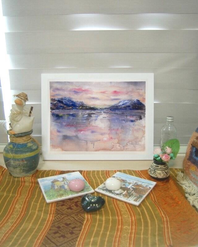 Dreamcatcher - Icelandic sunset abstract landscape watercolor painting art of Iceland Akureyri with snow mountains coastal water reflections