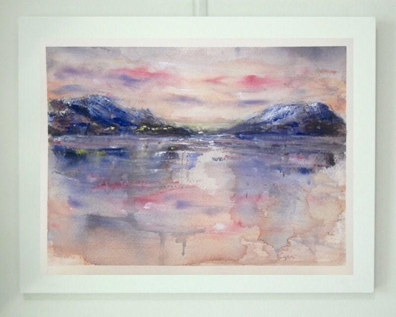 Dreamcatcher - Icelandic sunset abstract landscape watercolor painting art of Iceland Akureyri with snow mountains coastal water reflections