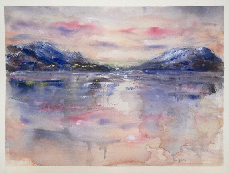 Dreamcatcher - Icelandic sunset abstract landscape watercolor painting art of Iceland Akureyri with snow mountains coastal water reflections