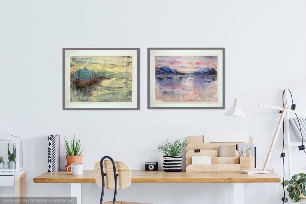 Dreamcatcher - Icelandic sunset abstract landscape watercolor painting art of Iceland Akureyri with snow mountains coastal water reflections