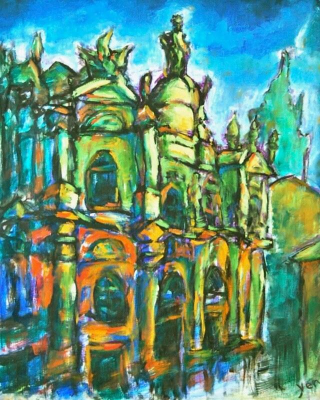 8 Spanish Art Prints - Spain camino de santiago compostela cathedral impressionist paintings of european architecture in surreal Cezanne style