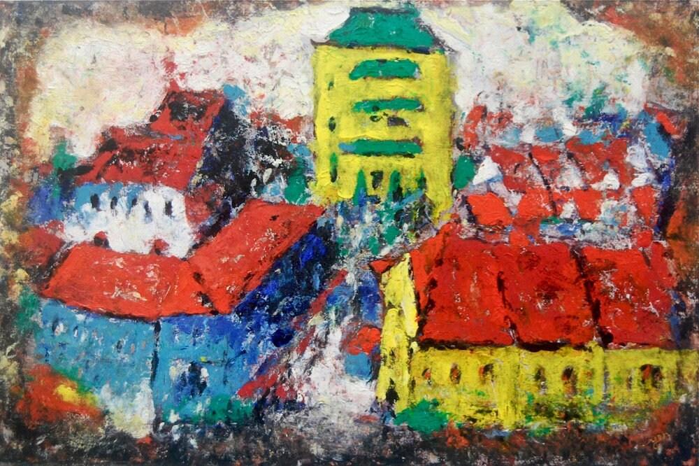 Singapore Shophouses Landscape Oil Painting Art with Bright Orange Rooftops - Impressionist Mood - Vibrant Home Decor - Unique Artwork