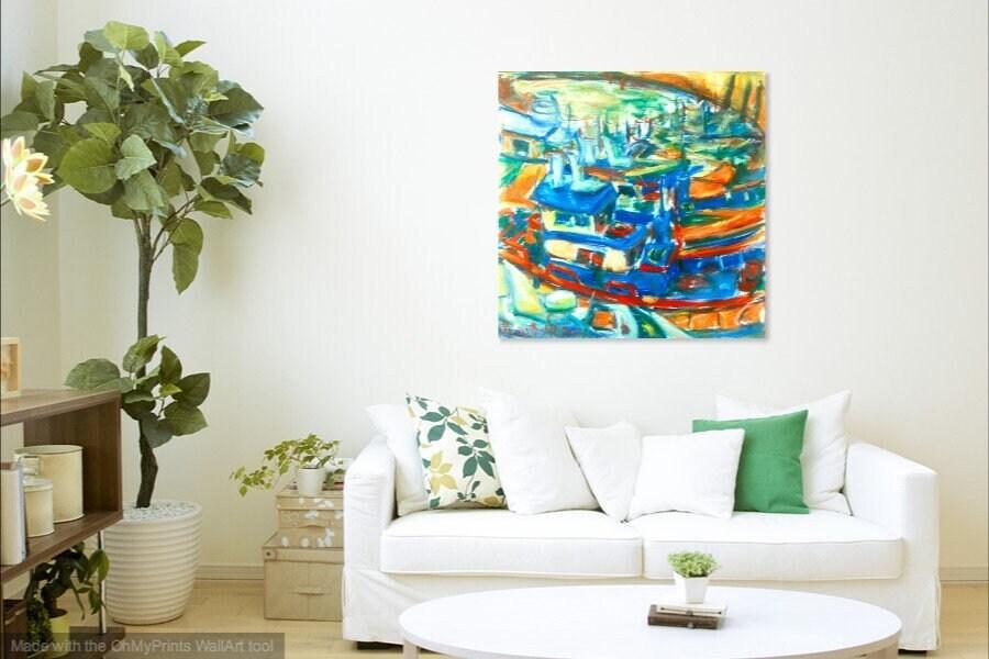 Jeju Boats - Abstract Impressionist Original Oil Painting Fine Art of korean fishing boats, blue sea art in colorful vibrant whimsical style