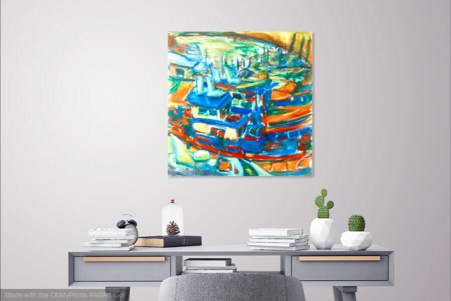 Jeju Boats - Abstract Impressionist Original Oil Painting Fine Art of korean fishing boats, blue sea art in colorful vibrant whimsical style