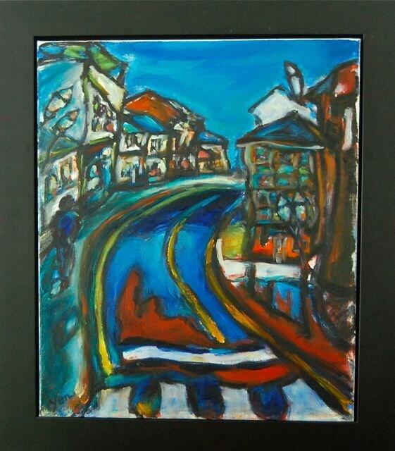 Lonely Road - Camino de Santiago Oil Painting chagall style art of whimsical houses in cool blue surreal night landscape for hiker traveler