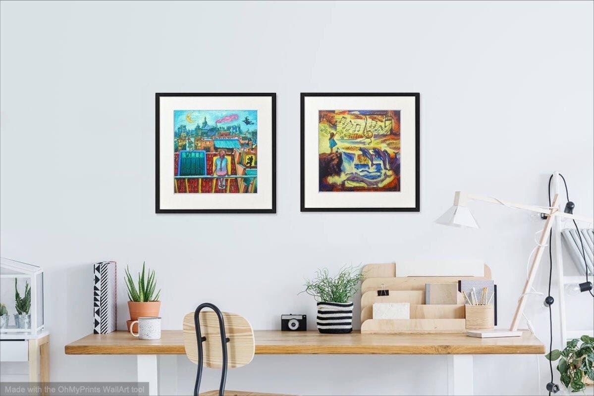 6 Whimsical Little Girl Impressionist Painting Art Prints, vintage colorful quirky cool fantasy w music cat dog dolphins at sea, european pics
