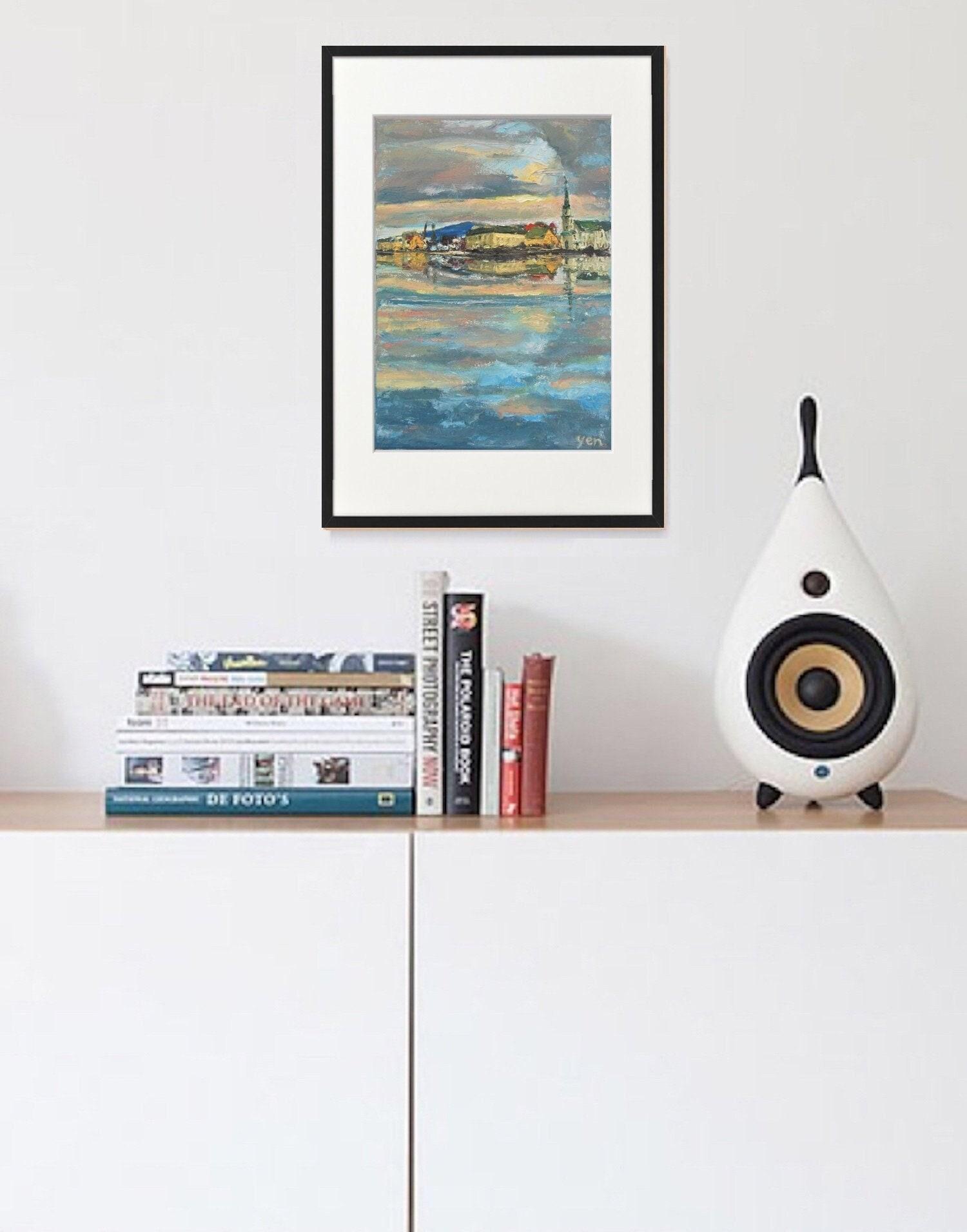 Icelandic Painting Art Prints A4 - Serene Reykjavik Iceland city pic w water reflections, clouds sunset and houses in impressionist pastel blue