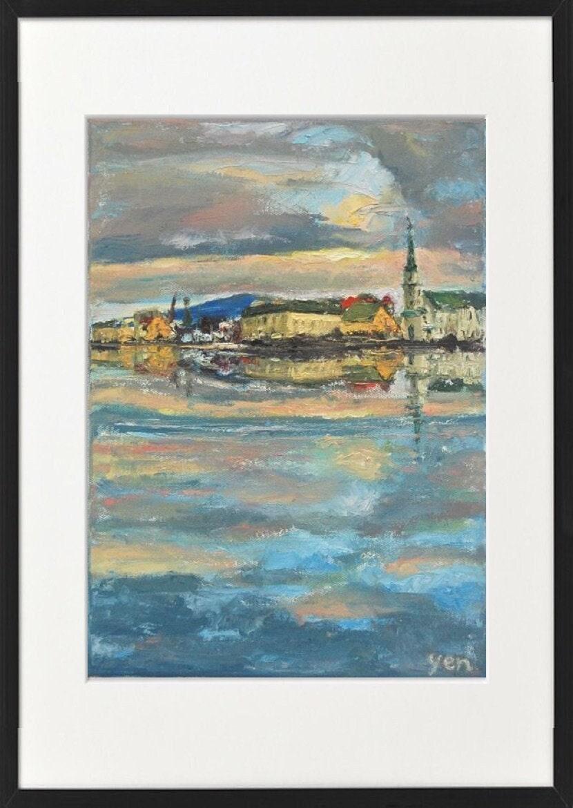 9 Icelandic Painting Art Prints - Serene Reykjavik Iceland city pic w water reflections, clouds sunset and houses in impressionist pastel blue