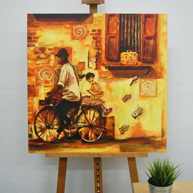 My Schoolbag -little girl on bicycle to school original art nostalgic painting of childhood memory, whimsical chinese heritage street window