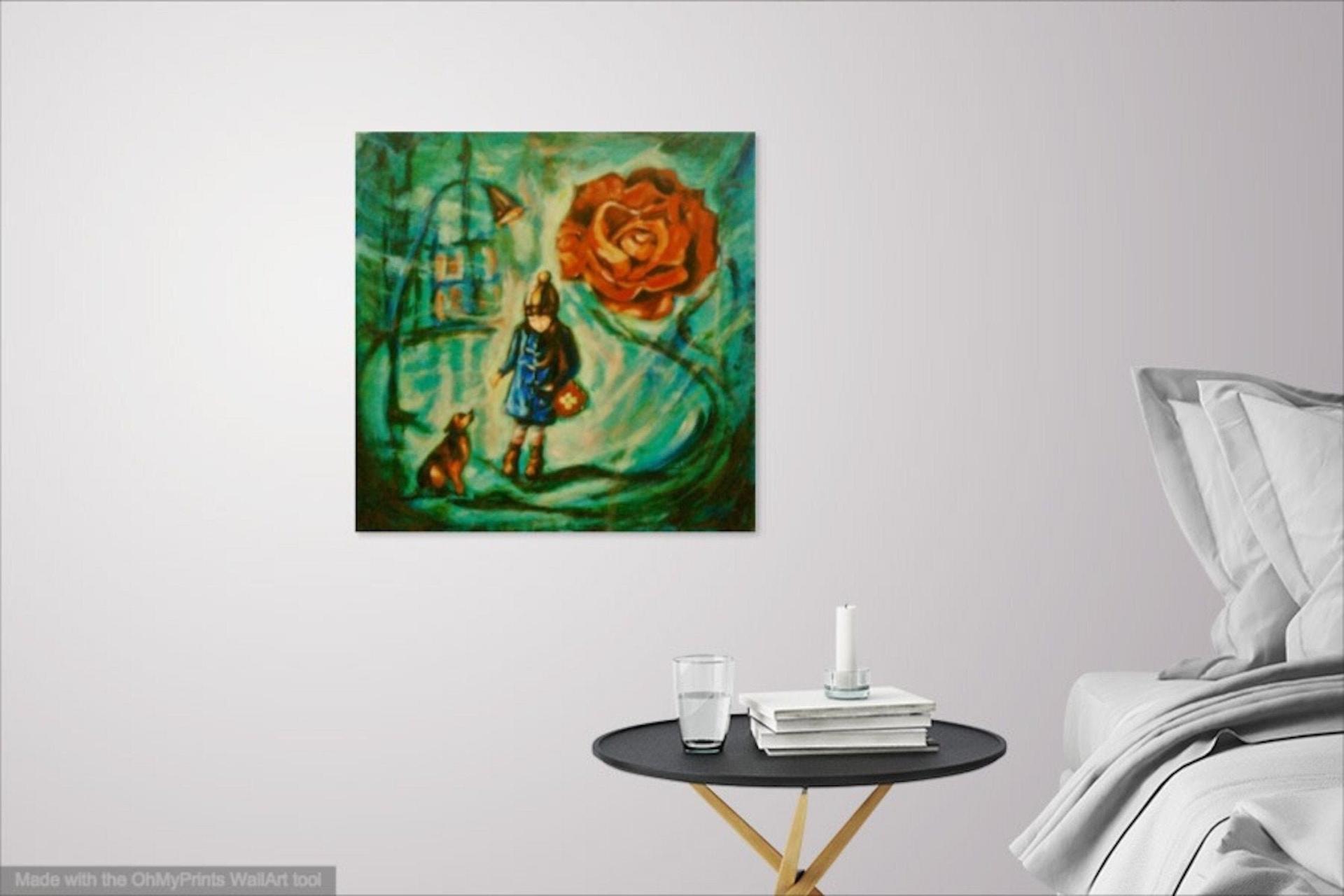Girl and Dog - Impressionist Original Painting - Whimsical City Scene - Vintage Rose Symbol - Little Girl - Dreamlike Art - Artistic Delight