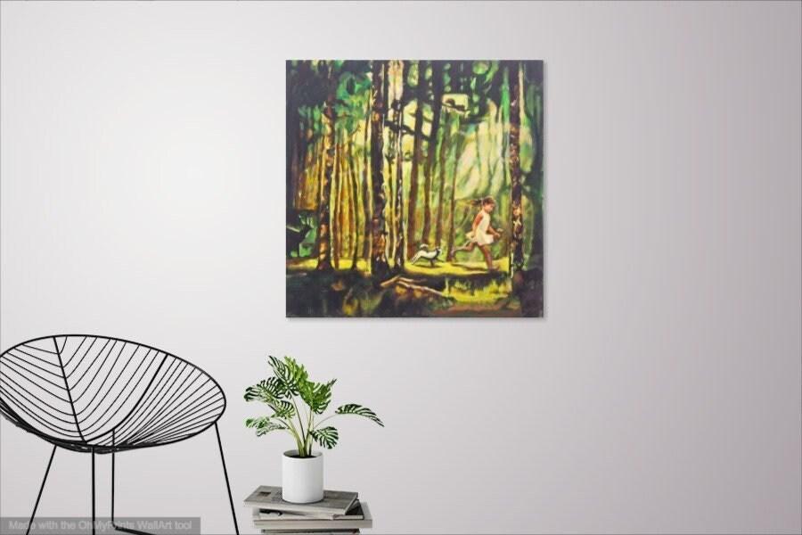 Magic Forest Trees Landscape Original Art Canvas Painting with running little Girl and Dog on a sunlight path of whimsical woods and animals