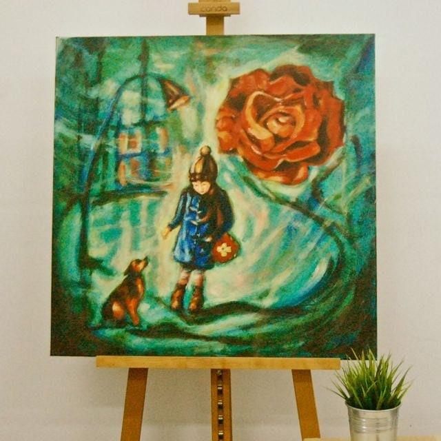 Girl & Dog - Impressionist Original Painting of whimsical city scene with vintage rose symbol and lamppost in a dreamy surreal night picture