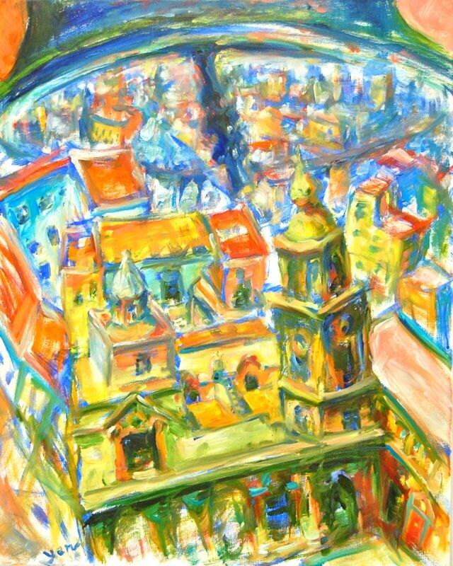Bell City - Spain Cadiz Oil Painting, bright original impressionist semi-abstract art of surreal Spanish architectural landscape scenery