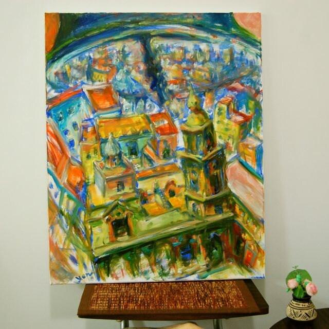 Bell City - Spain Cadiz Oil Painting, bright original impressionist semi-abstract art of surreal Spanish architectural landscape scenery