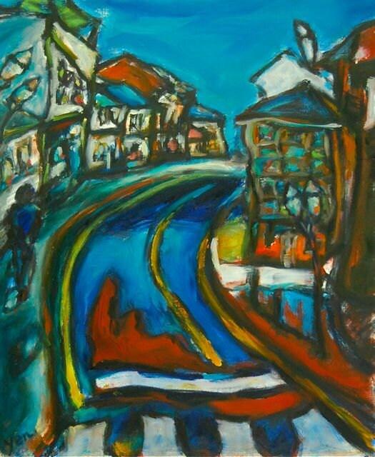 Lonely Road - Camino de Santiago Oil Painting chagall style art of whimsical houses in cool blue surreal night landscape for hiker traveler