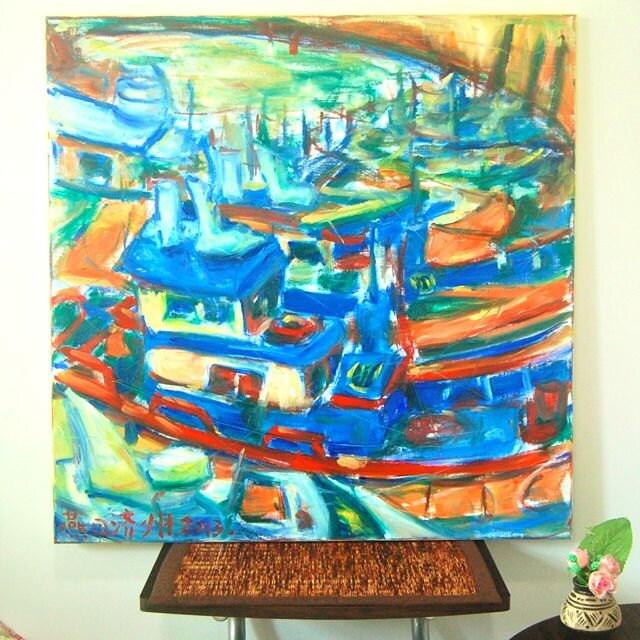 Jeju Boats - Abstract Impressionist Original Oil Painting Fine Art of korean fishing boats, blue sea art in colorful vibrant whimsical style