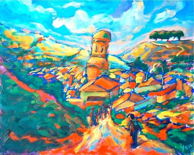 9 Camino de Santiago Art Prints - Picturesque Arrival, Spanish landscape whimsical impressionist paintings of Spain El Camino in Cezanne style