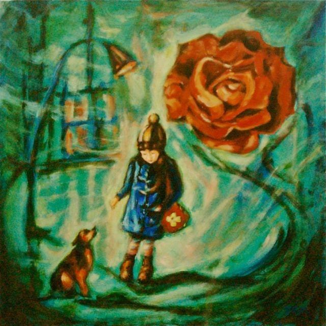 Girl and Dog - Impressionist Original Painting - Whimsical City Scene - Vintage Rose Symbol - Little Girl - Dreamlike Art - Artistic Delight
