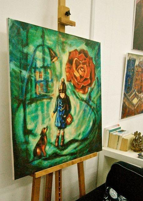 Girl and Dog - Impressionist Original Painting - Whimsical City Scene - Vintage Rose Symbol - Little Girl - Dreamlike Art - Artistic Delight