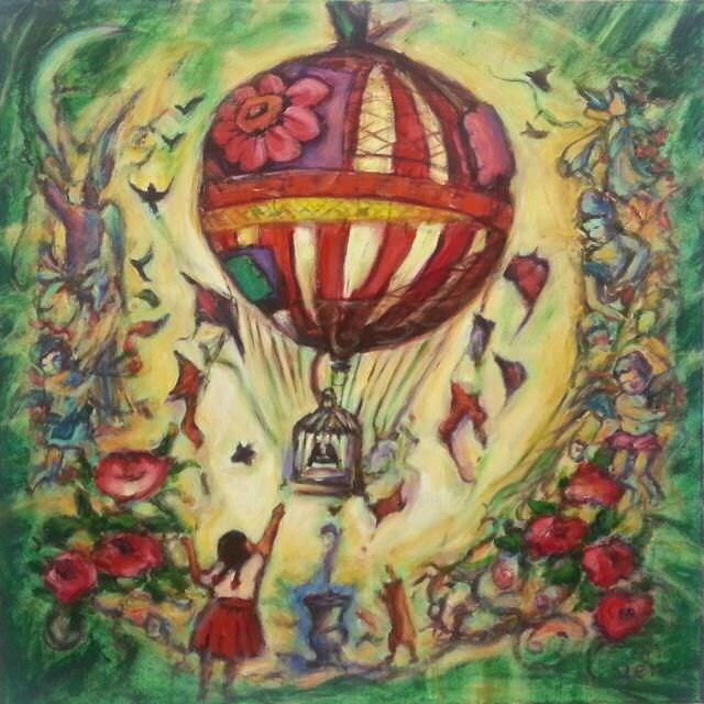 Up And Away -Whimsical Vintage Hot Air Balloon Original Painting with little girl & cat, birdcage, angels, roses, in sweet fairytale fantasy