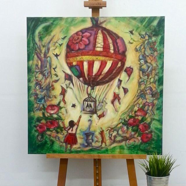 Up And Away -Whimsical Vintage Hot Air Balloon Original Painting with little girl & cat, birdcage, angels, roses, in sweet fairytale fantasy