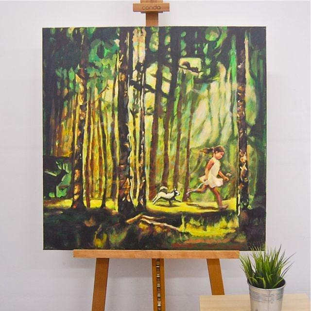 Magic Forest Trees Landscape Original Art Canvas Painting with running little Girl and Dog on a sunlight path of whimsical woods and animals