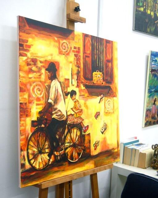 My Schoolbag -little girl on bicycle to school original art nostalgic painting of childhood memory, whimsical chinese heritage street window
