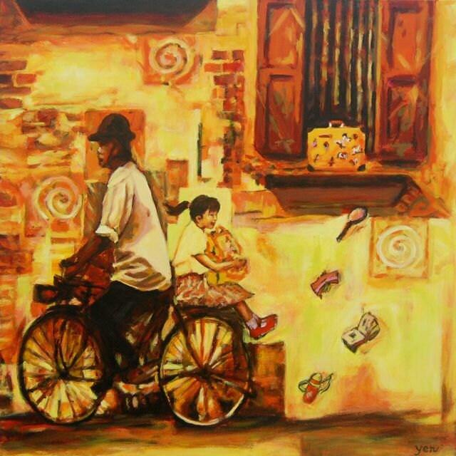 My Schoolbag -little girl on bicycle to school original art nostalgic painting of childhood memory, whimsical chinese heritage street window