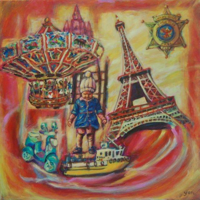 Boat in Paris Whimsical Eiffel Tower Painting - Colorful Surreal Art with Child and Vintage Toys - Playful Fantasy Art - Dreamlike Scene