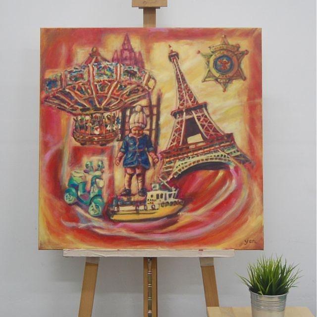 Boat in Paris Whimsical Eiffel Tower Painting - Colorful Surreal Art with Child and Vintage Toys - Playful Fantasy Art - Dreamlike Scene